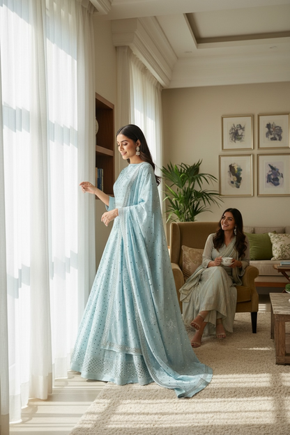 Powder Blue Lehanga Set with Chikankari and Mukaish