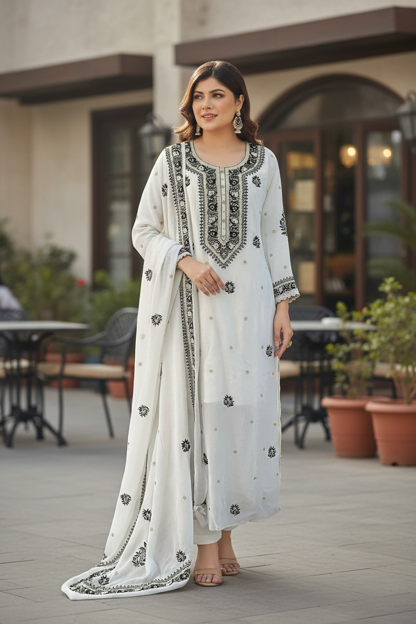 Black & White Crinkle Chiffon Suit with Chikankari and Embellishments