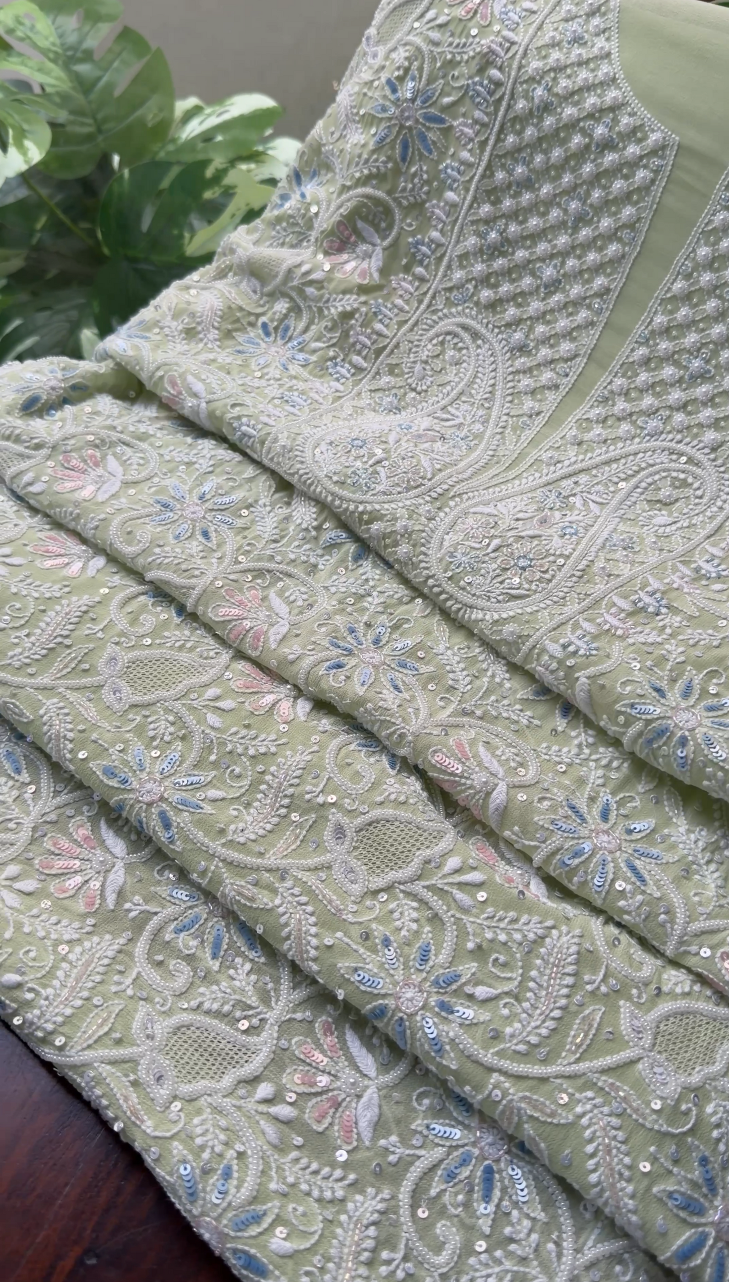 Pista Green Chikankari & Pearls Suit