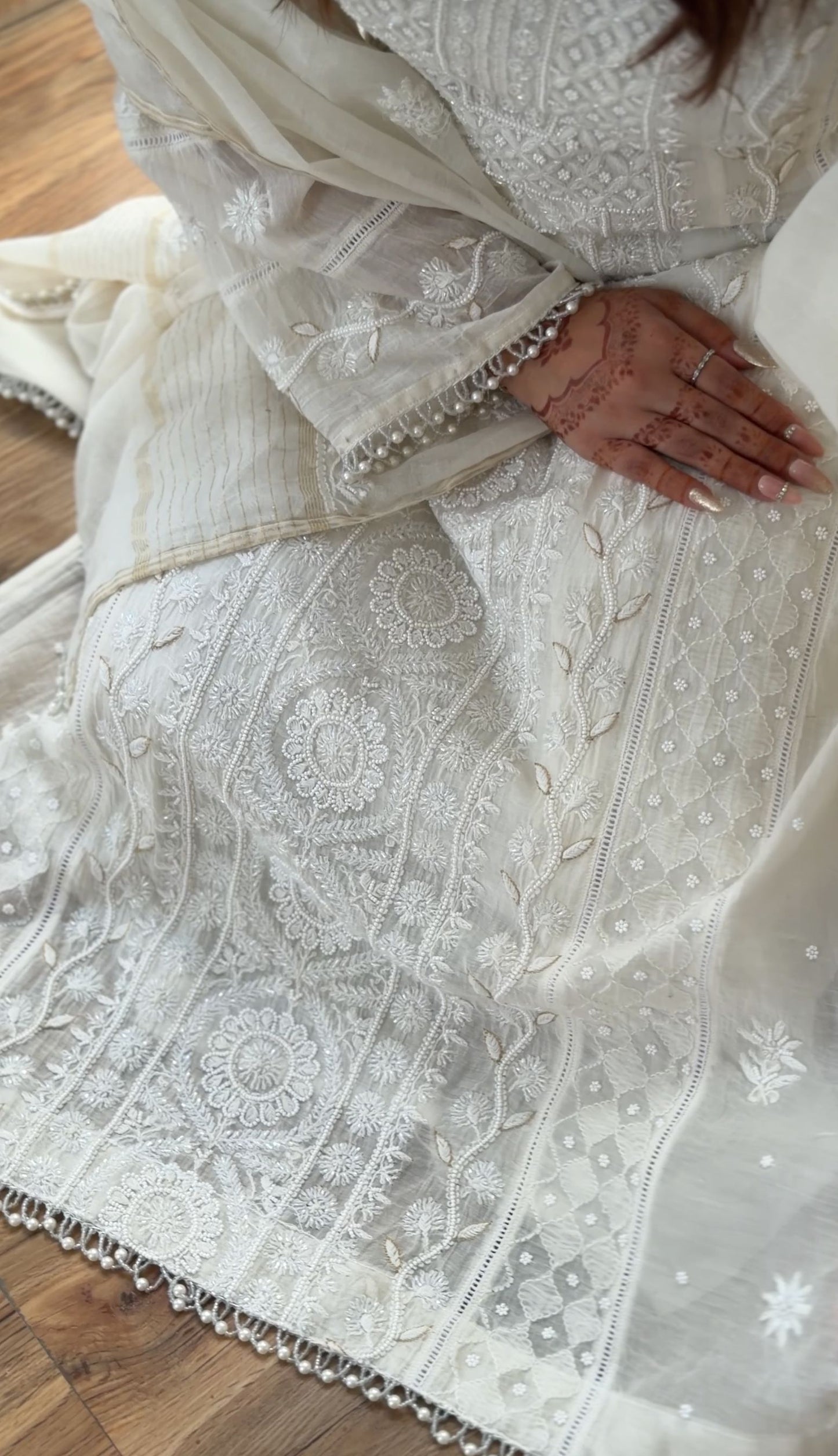 White Mul Chanderi Suit Set with Chikankari and Embellishments