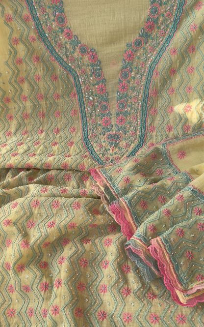 ShaSumz Exclusive: Vibrant Yellow Mul Chanderi Suit with Pastel Chikankari