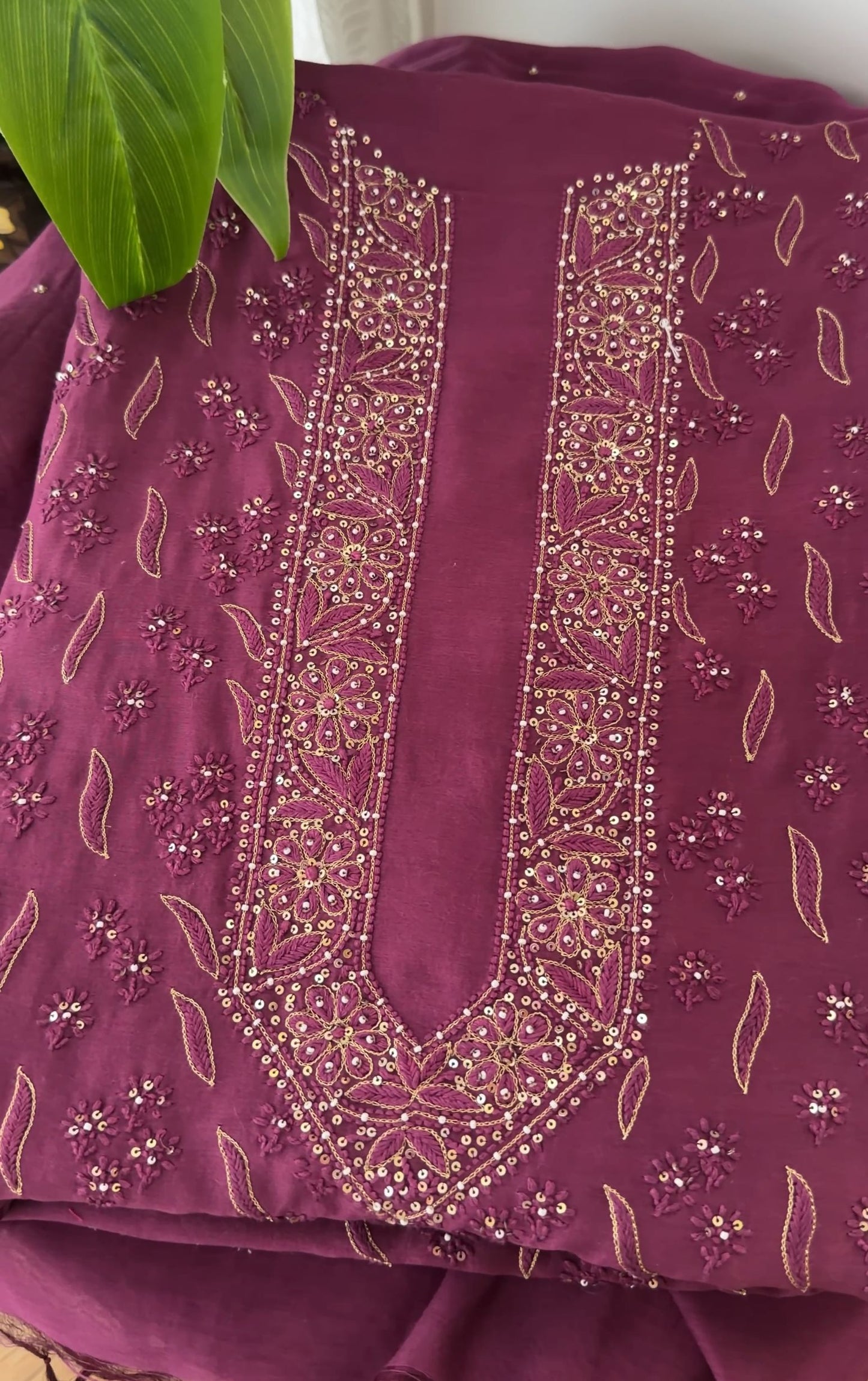 Royal Mulberry Hand-Embroidered Pure Chanderi Silk Suit Set