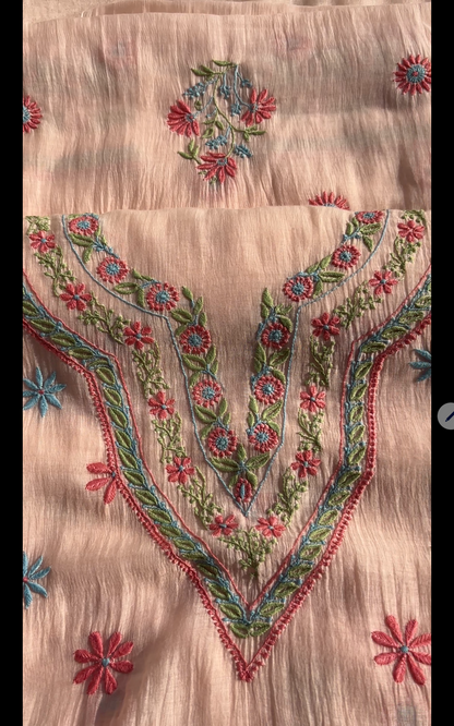 Soft Peach Mul Chanderi Suit Set with Multi Colour Chikankari
