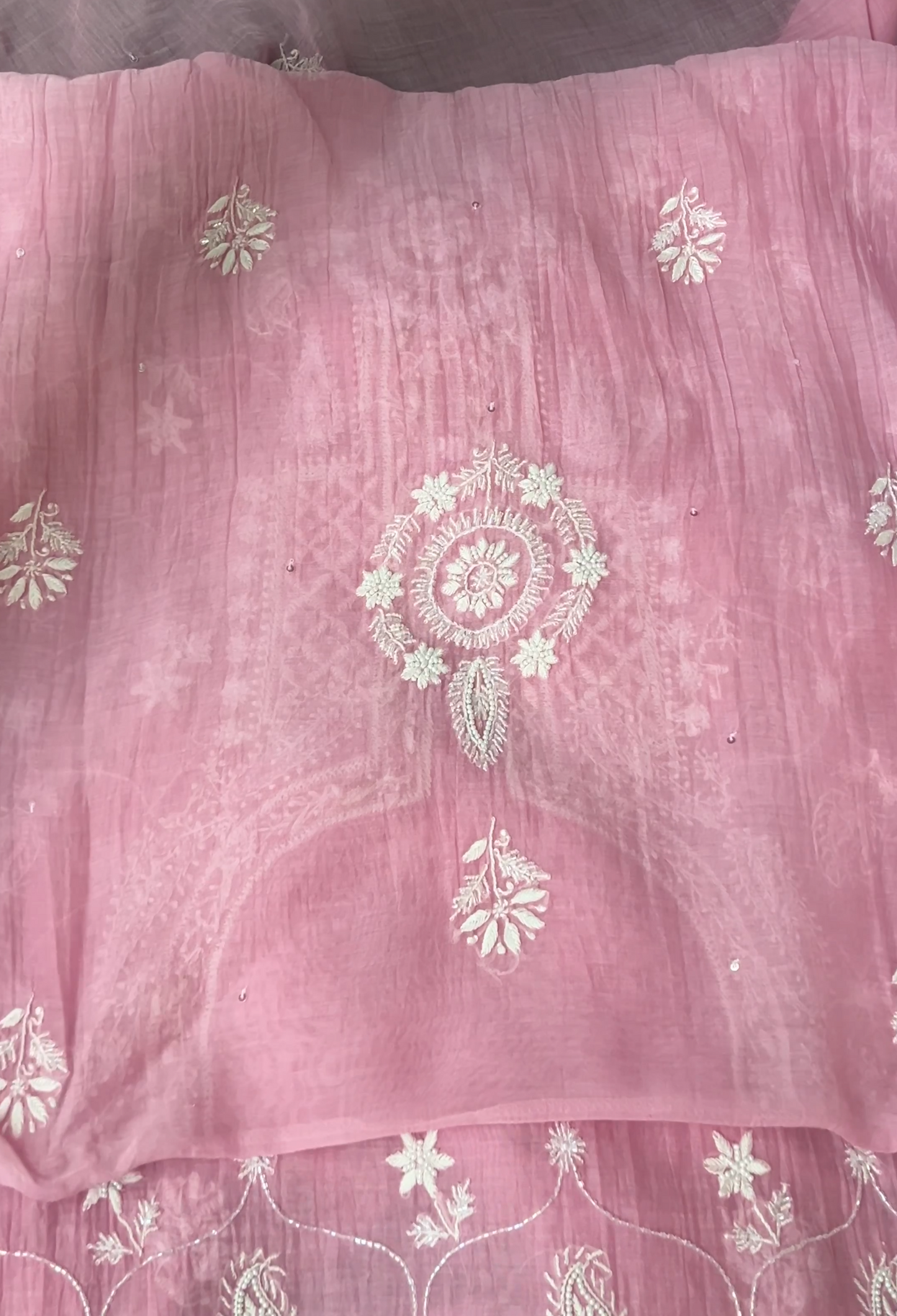 Rose Pink Mul Chanderi Suit with Chikankari & Embellishments