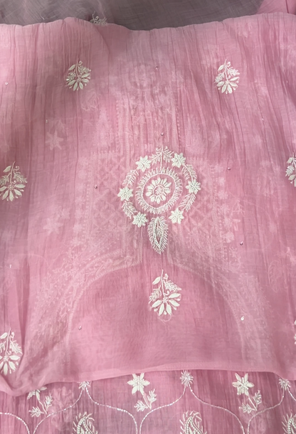 Rose Pink Mul Chanderi Suit with Chikankari & Embellishments