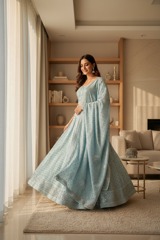 Powder Blue Lehanga Set with Chikankari and Mukaish