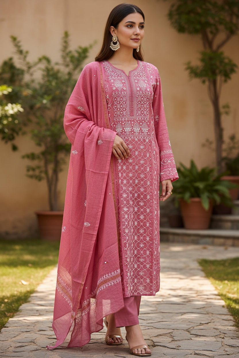 Pink Tissue Chanderi Silk Suit with Chikankari and Embellishments