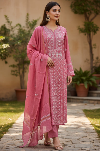 Pink Tissue Chanderi Silk Suit with Chikankari and Embellishments