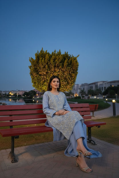 Periwinkle Blue Pure Munga Silk Chikankari & Embellishments Suit