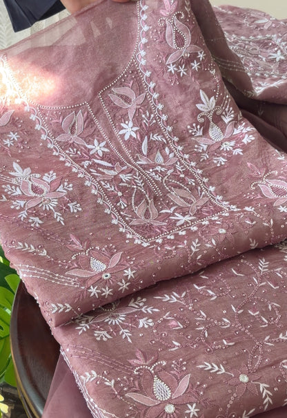 Wine Color Pure Organza Tissue Silk Suit Set with Hand Embroidery