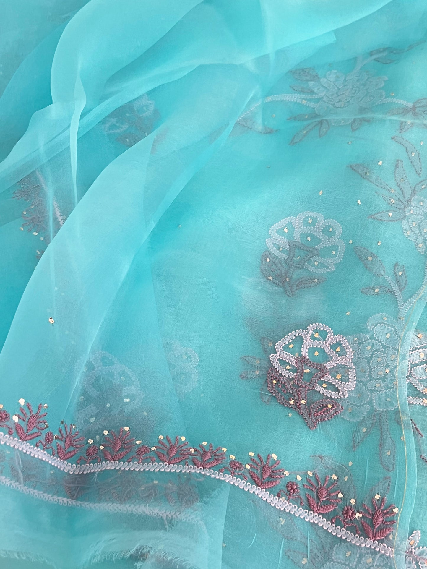 Aqua Pure Organza Silk Chikankari & Kamdani Suit Set