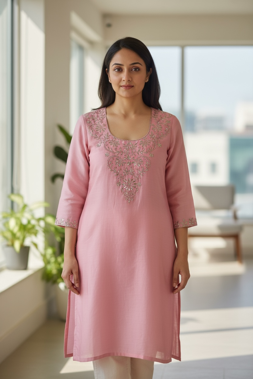 Chanderi Mukaish Kurta - Pink