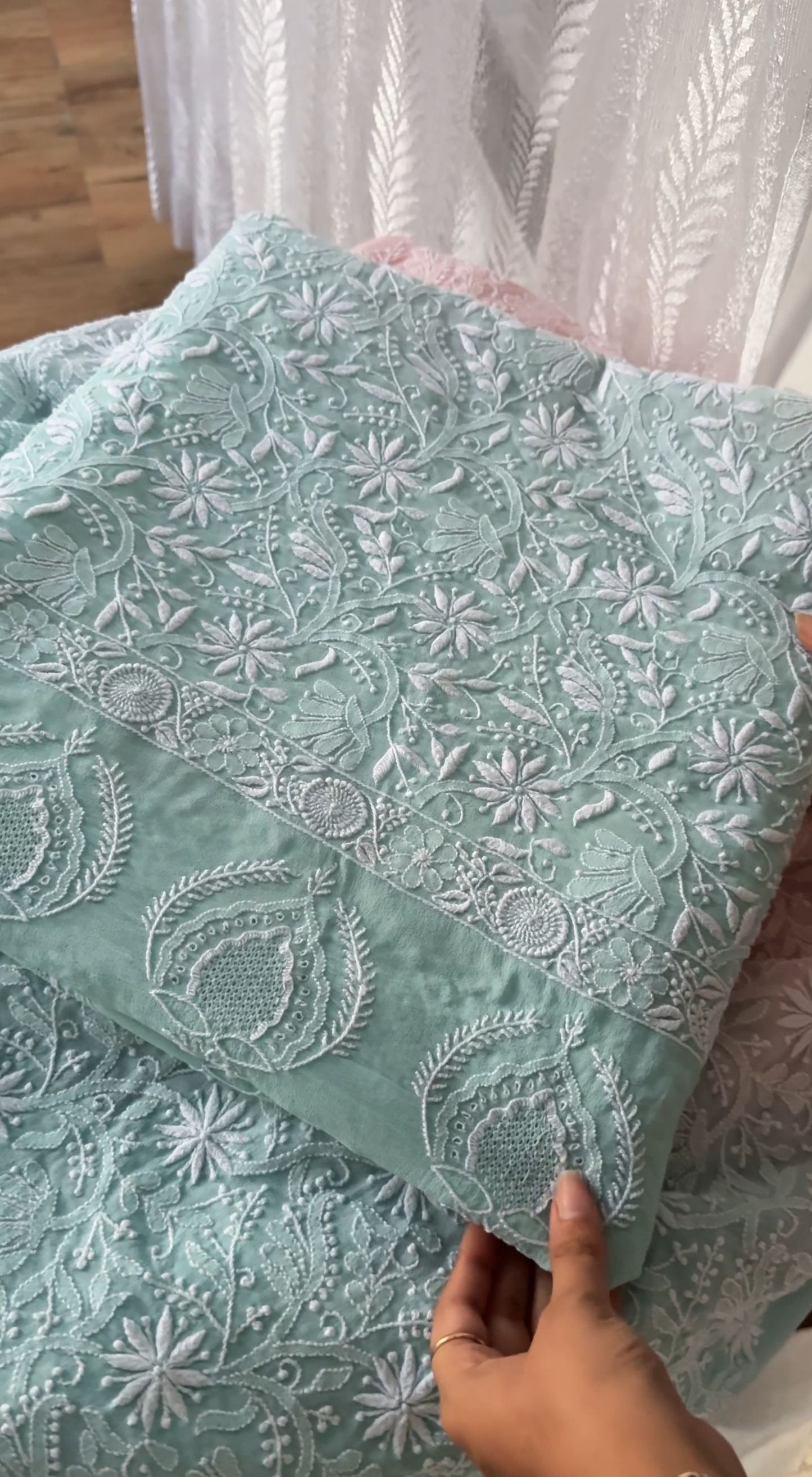 Sea Foam Green and Blush Pink Pure Georgette Chikankari Suit