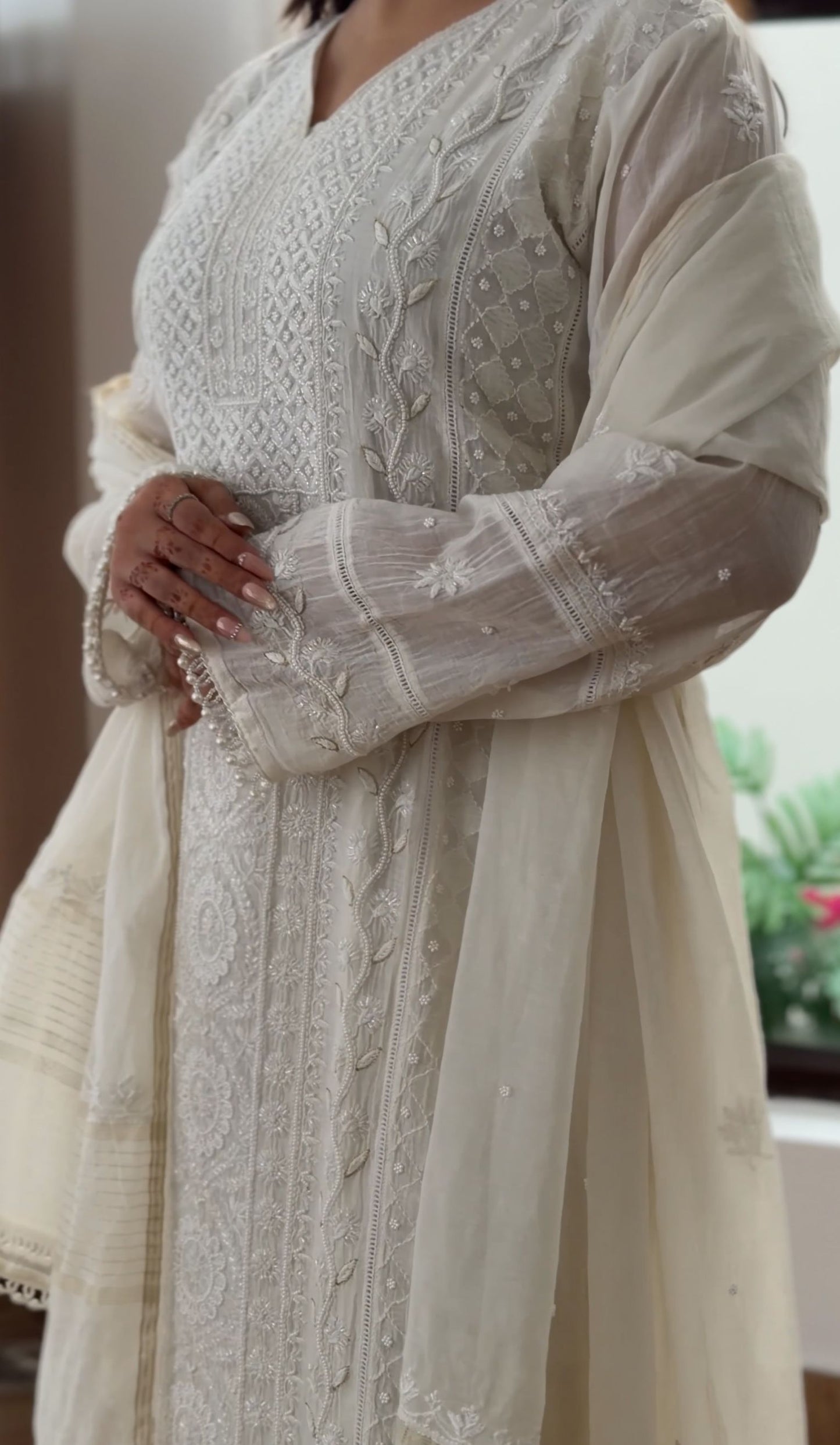 White Mul Chanderi Suit Set with Chikankari and Embellishments