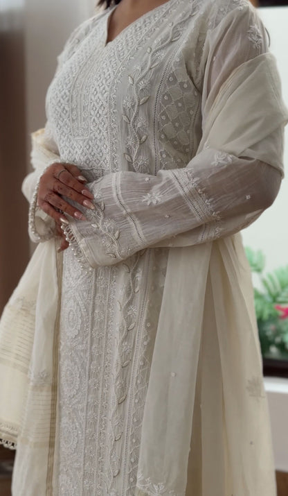 White Mul Chanderi Suit Set with Chikankari and Embellishments