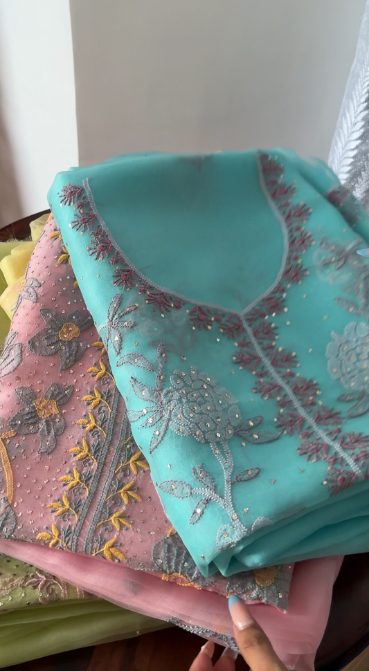 Aqua Pure Organza Silk Chikankari & Kamdani Suit Set
