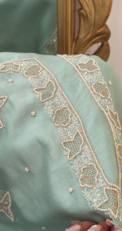 Sage Green Hand-Embroidered Chanderi Silk Chikankari Kurta & Dupatta Set