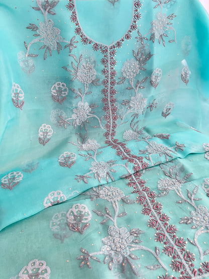 Aqua Pure Organza Silk Chikankari & Kamdani Suit Set