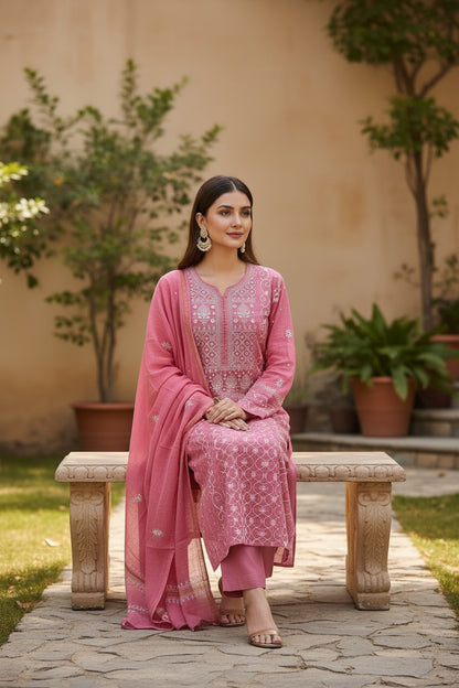 Pink Tissue Chanderi Silk Suit with Chikankari and Embellishments