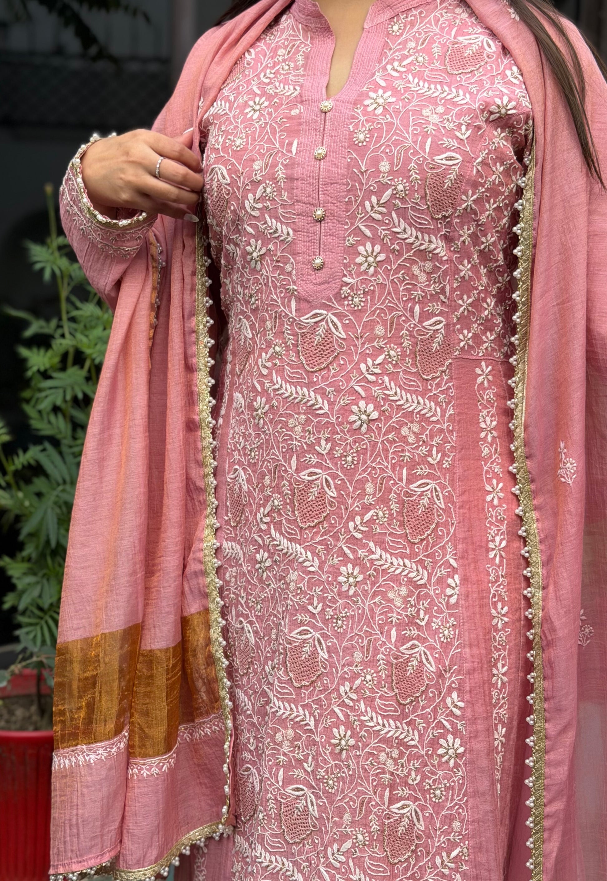 Dusty Rose Tissue Chanderi Chikankari Anarkali featuring intricate embroidery and delicate cutdana embellishments.