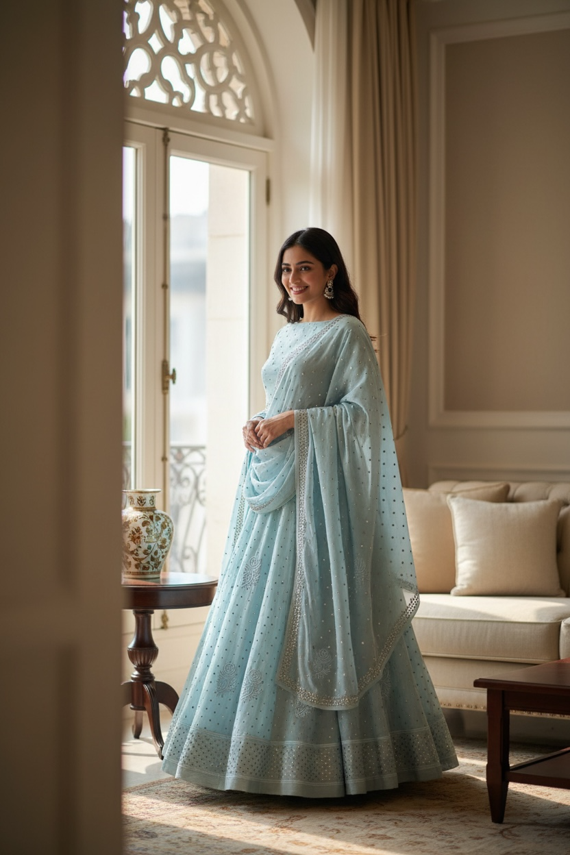 Powder Blue Lehanga Set with Chikankari and Mukaish