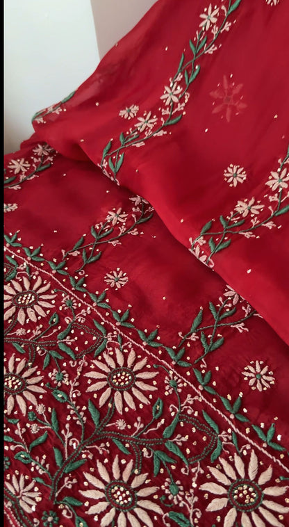 Deep Red Organza Silk Kurta Dupatta Set