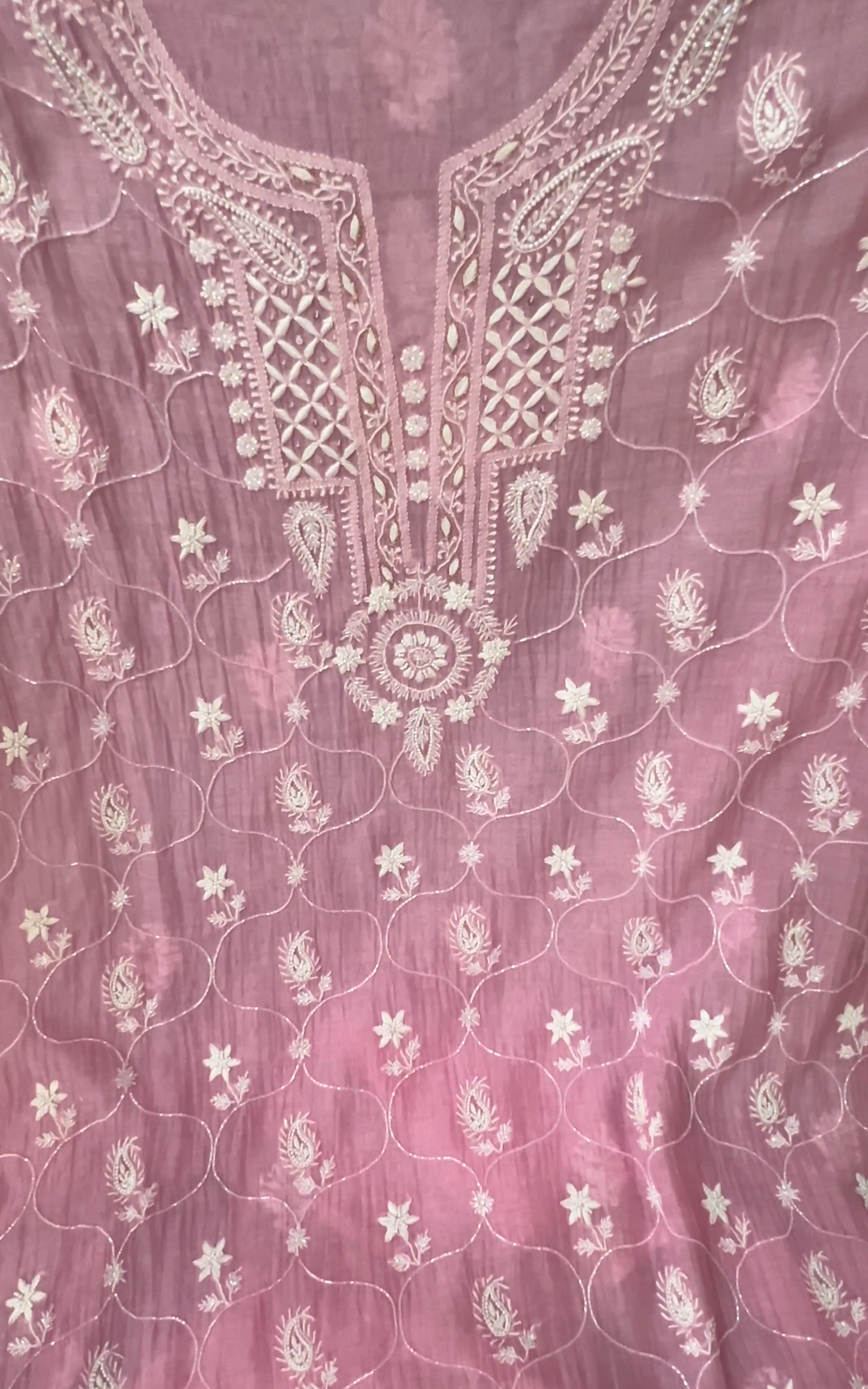 Rose Pink Mul Chanderi Suit with Chikankari & Embellishments