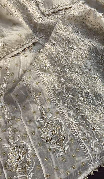 Pure Organza Silk Anarkali – Hand-Embroidered Chikankari & Luxe Embellishments