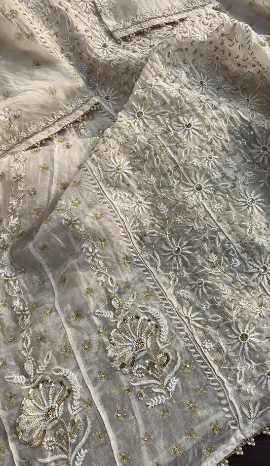 Pure Organza Silk Anarkali – Hand-Embroidered Chikankari & Luxe Embellishments