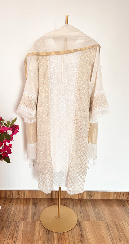 Mul Chanderi Chikankari kurta set showcasing detailed embroidery and Zari weave from the back.