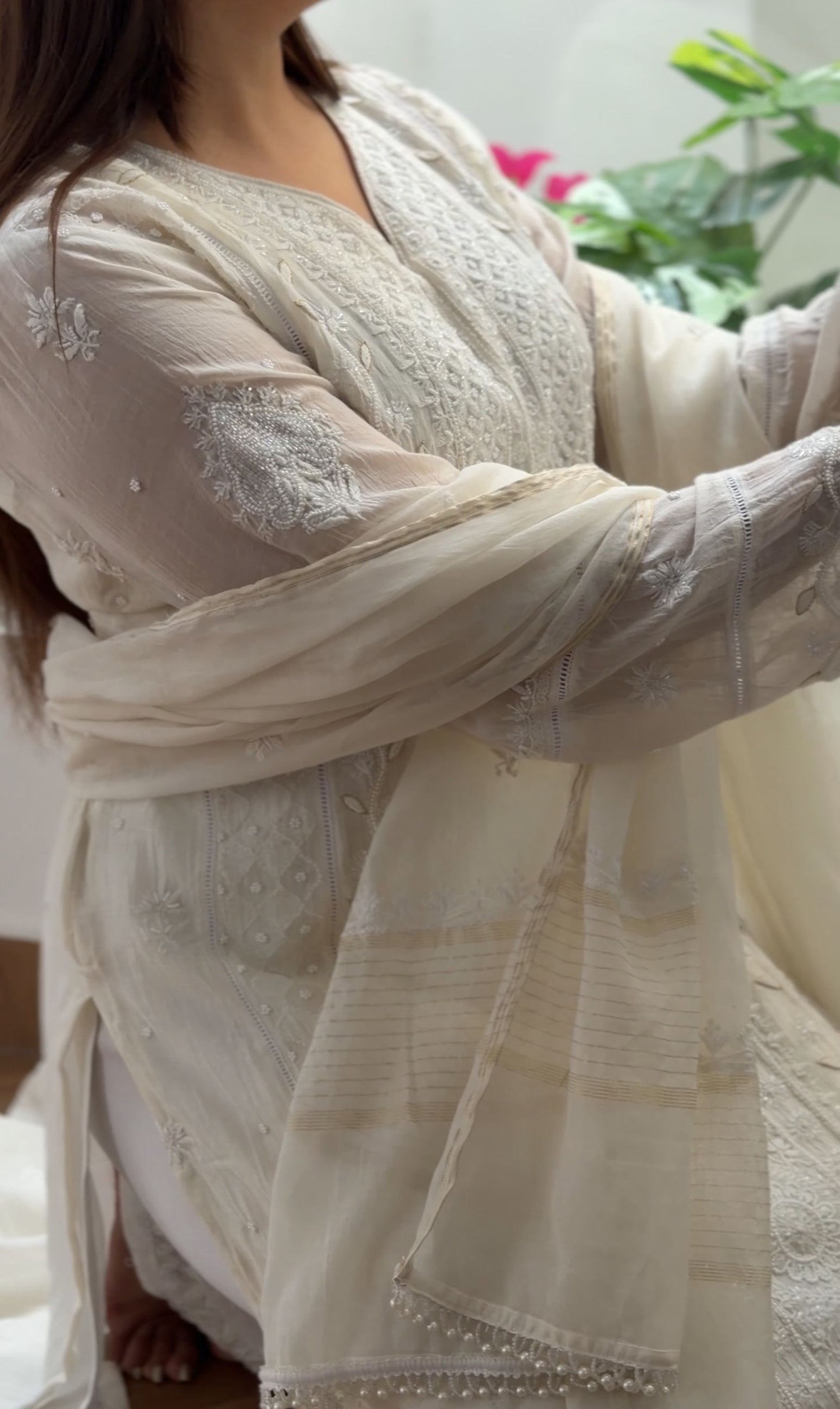 White Mul Chanderi Suit Set with Chikankari and Embellishments