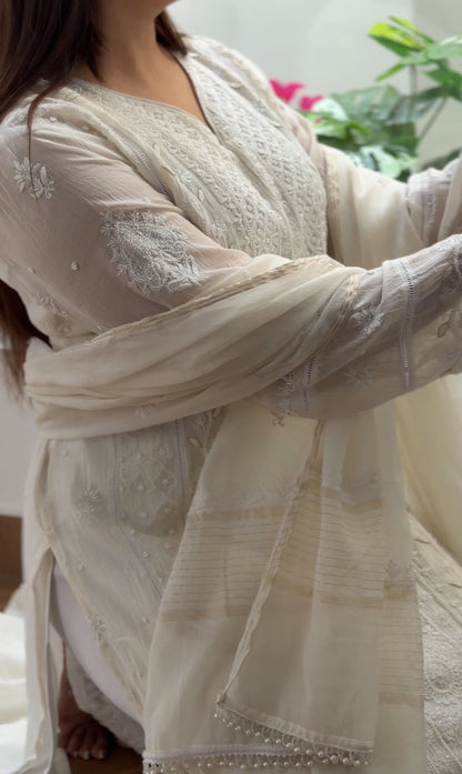 White Mul Chanderi Suit Set with Chikankari and Embellishments