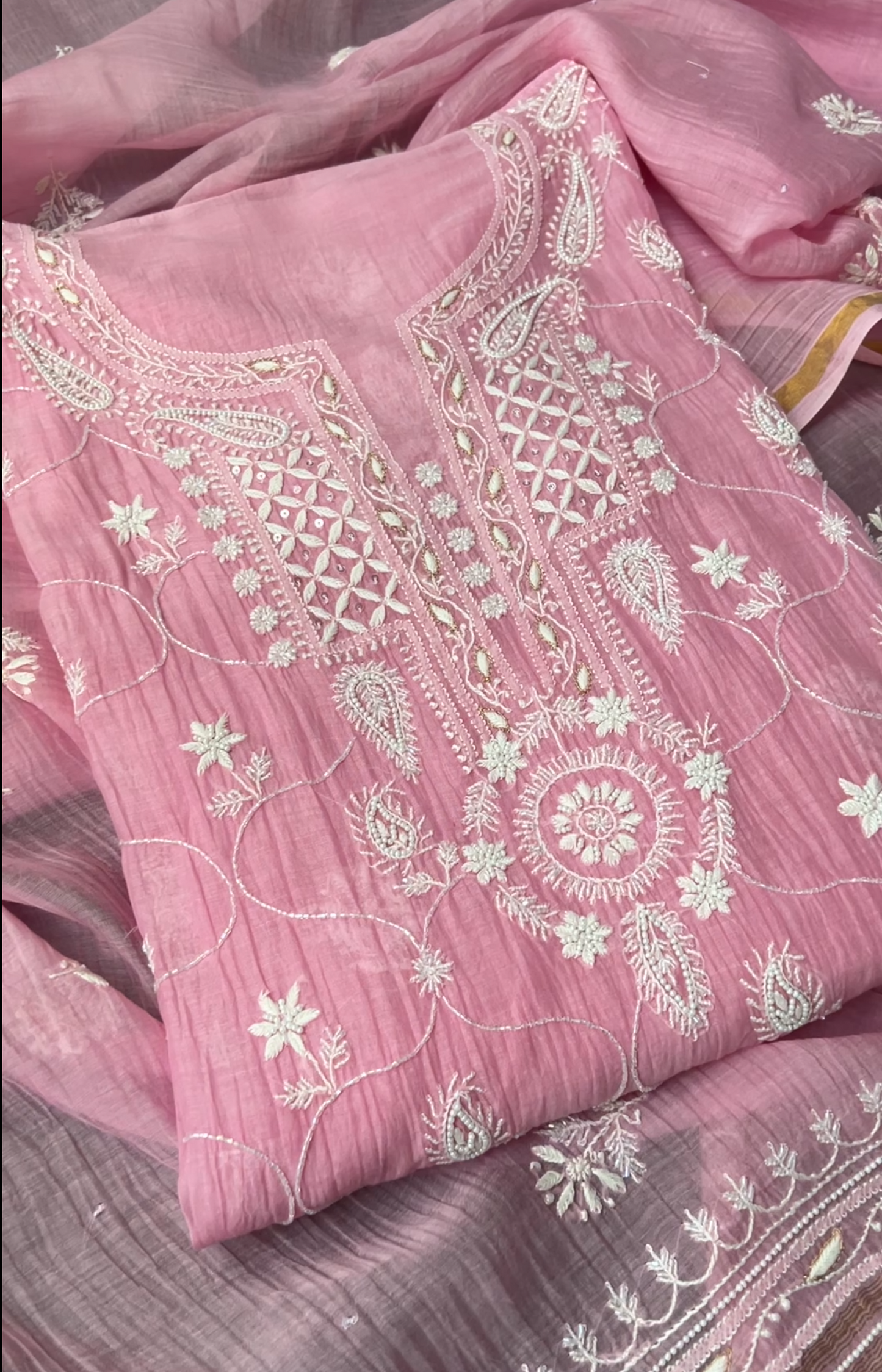 Rose Pink Mul Chanderi Suit with Chikankari & Embellishments