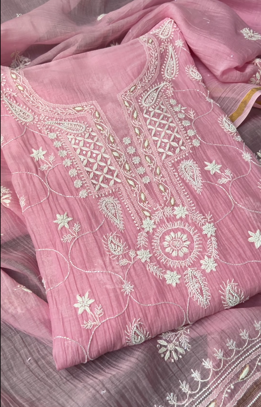 Rose Pink Mul Chanderi Suit with Chikankari & Embellishments