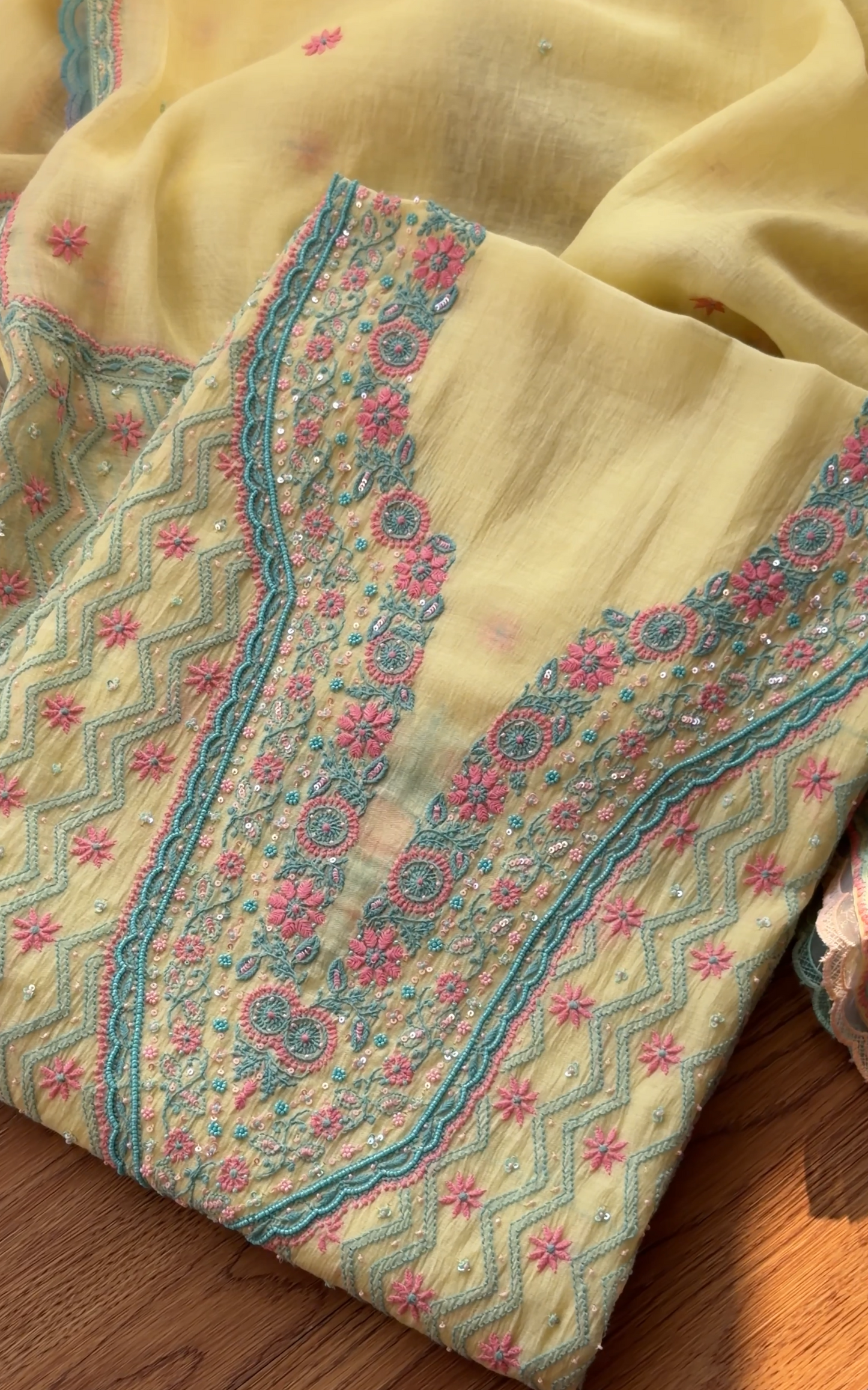 ShaSumz Exclusive: Vibrant Yellow Mul Chanderi Suit with Pastel Chikankari