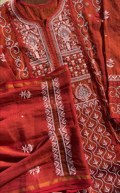Maroon Tissue Chanderi Silk Suit with Chikankari and Embellishments