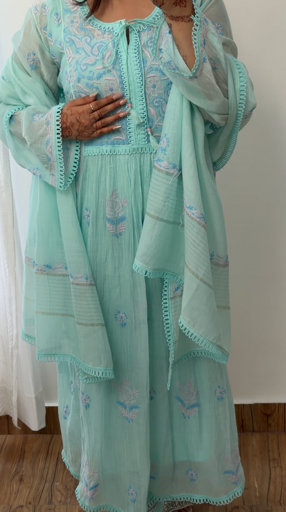 Cool Sea Green Mul Chanderi Kalidar Tunic with Chikankari