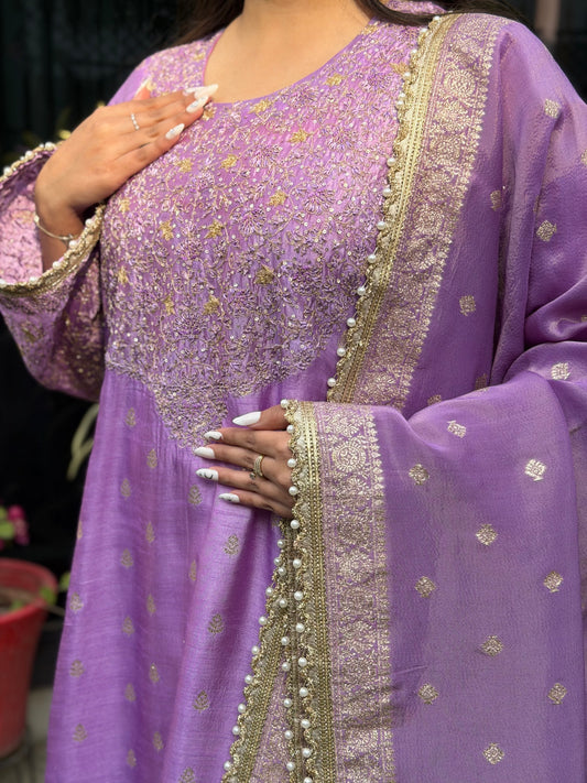 Pure Silk Suit with Zari, Resham French Knots and Sequins
