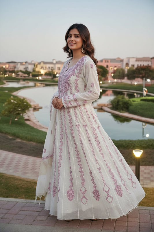 Mul Chanderi Chikankari Anarkali Suit