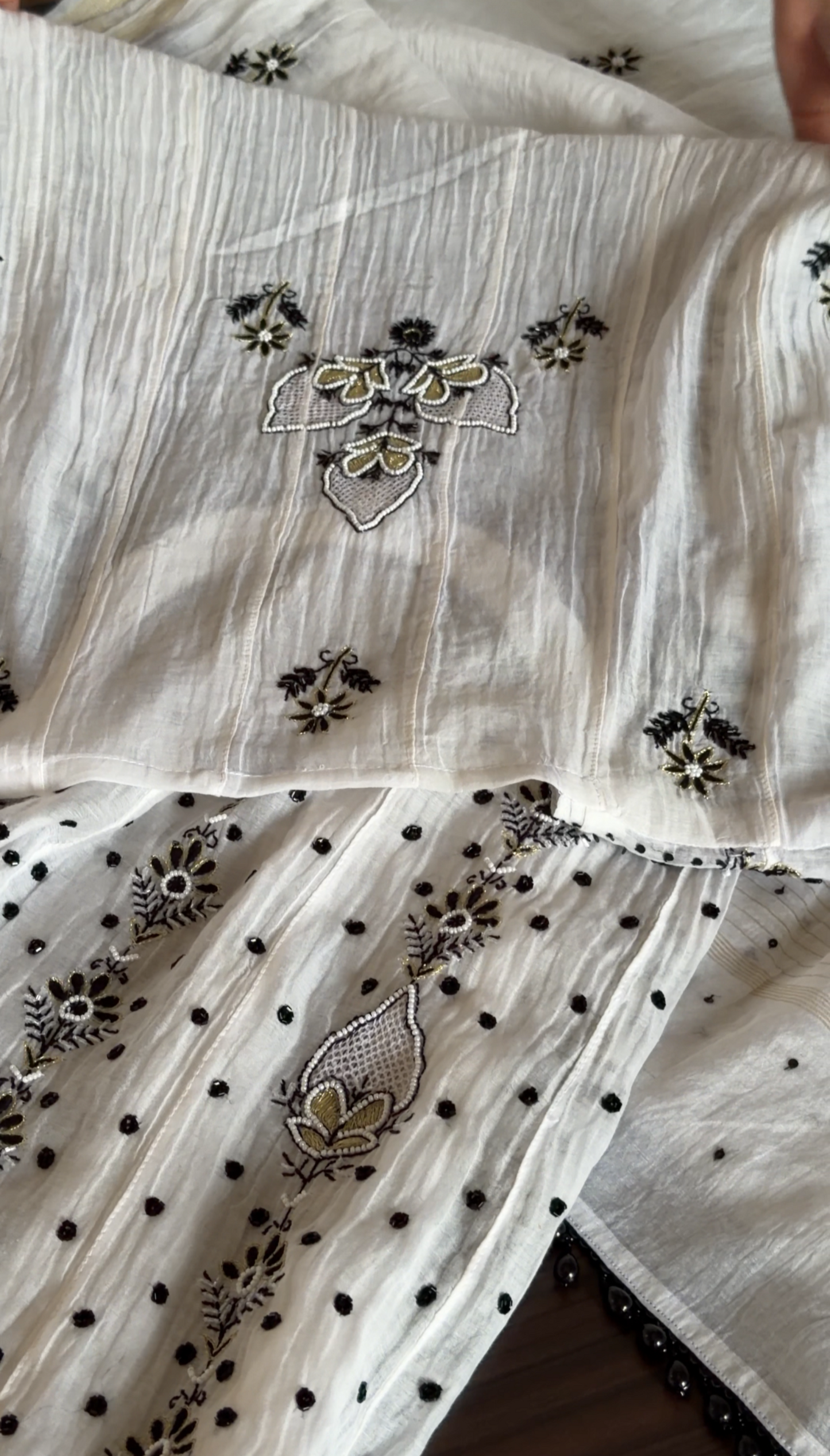 Monochrome Mul Chanderi Anarkali with Chikankari and Embellishments|