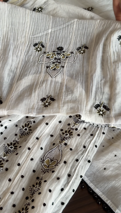 Monochrome Mul Chanderi Anarkali with Chikankari and Embellishments|