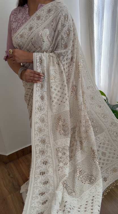 Ivory Hand-Embroidered Chikankari & Handcrafted Mukaish Saree