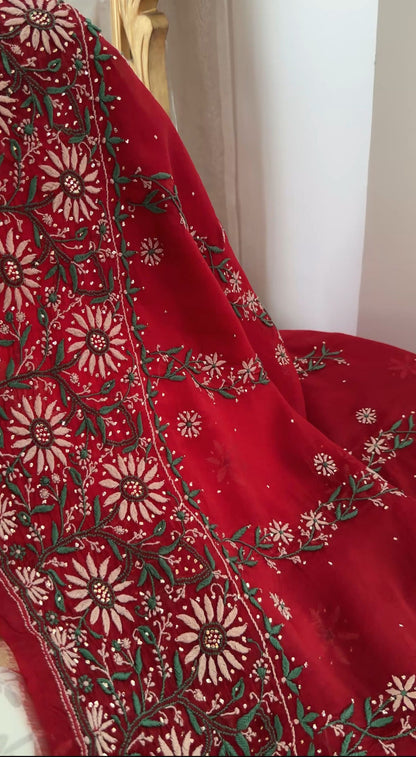 Deep Red Organza Silk Kurta Dupatta Set