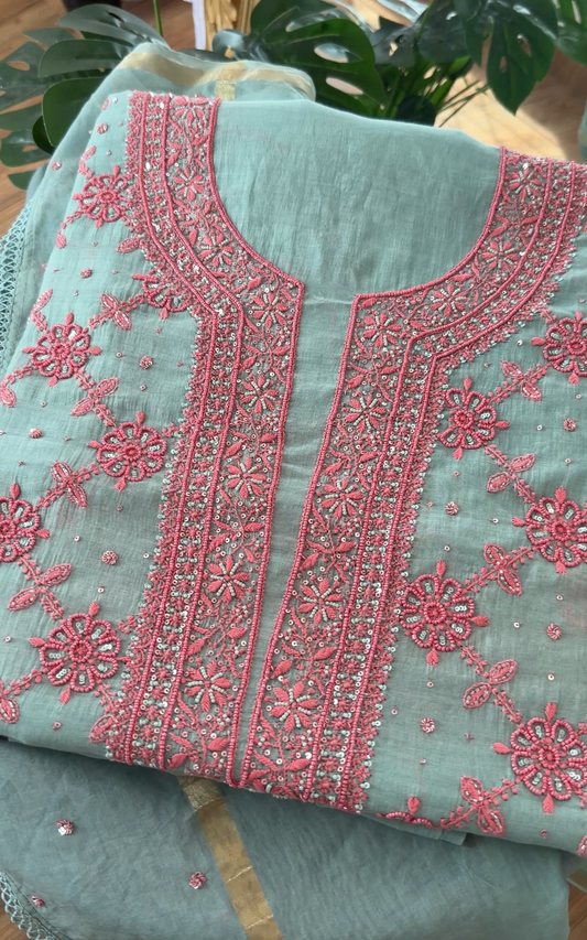 Sea Foam Green Mul Chanderi Suit Set with Chikankari and Embellishments