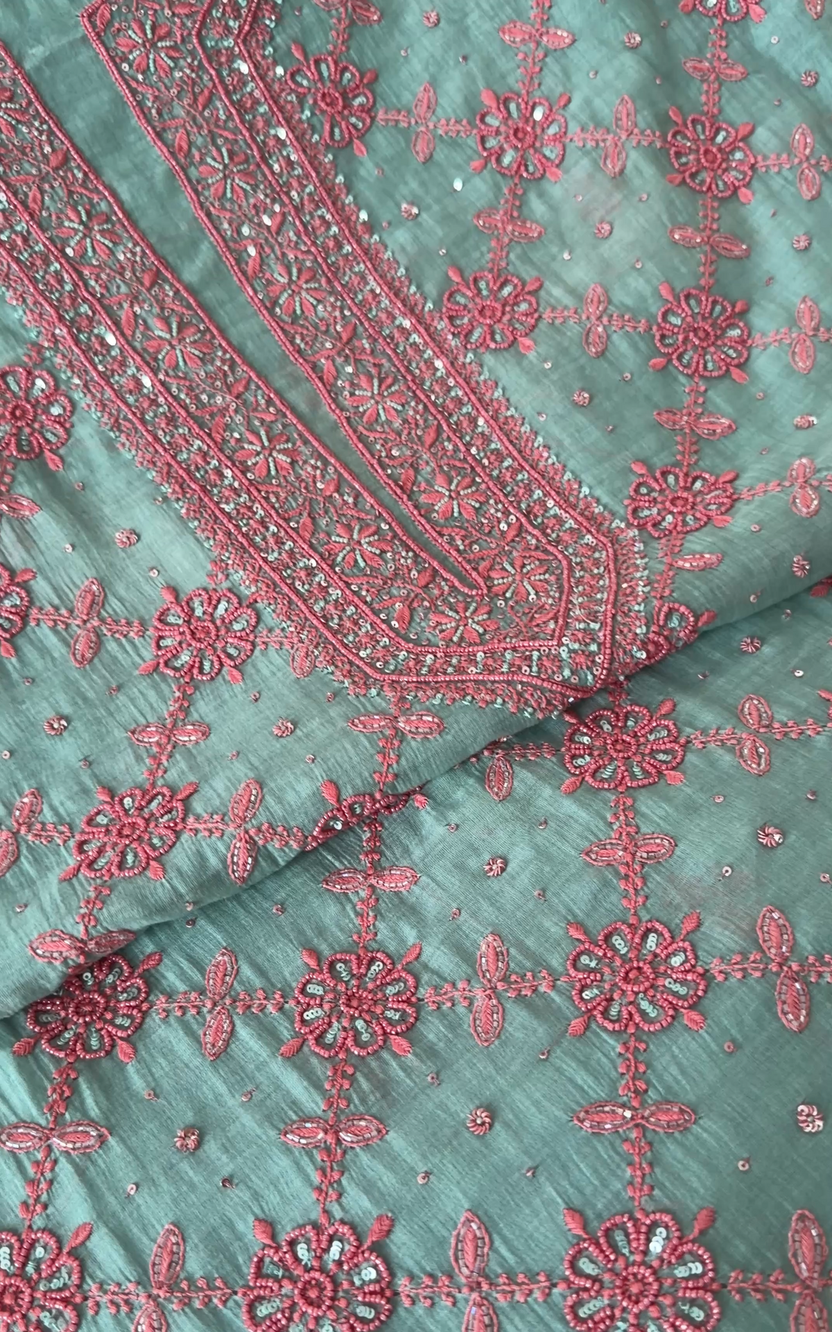 Sea Foam Green Mul Chanderi Suit Set with Chikankari and Embellishments