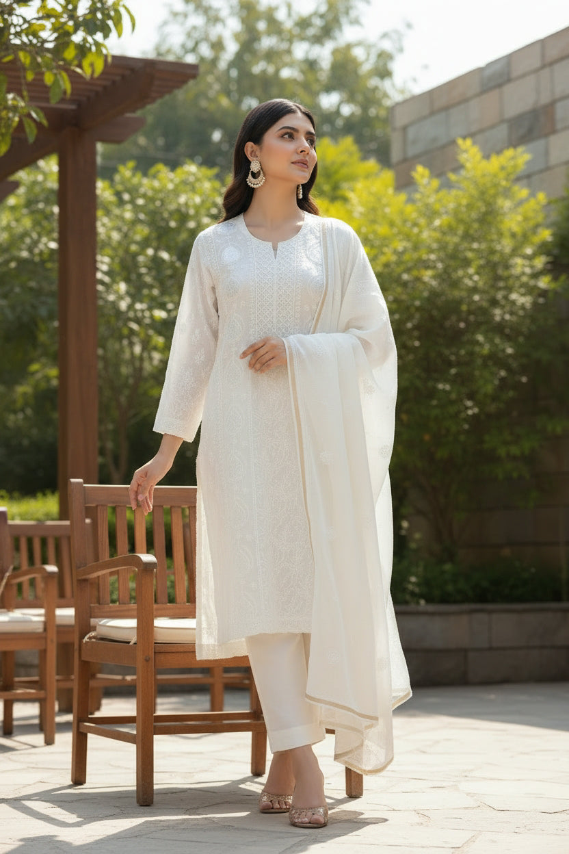 White Mul Chanderi Suit Set with Chikankari and Embellishments