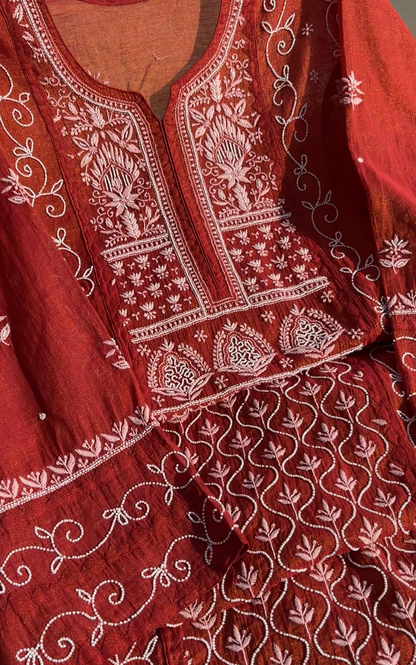 Maroon Tissue Chanderi Silk Suit with Chikankari and Embellishments