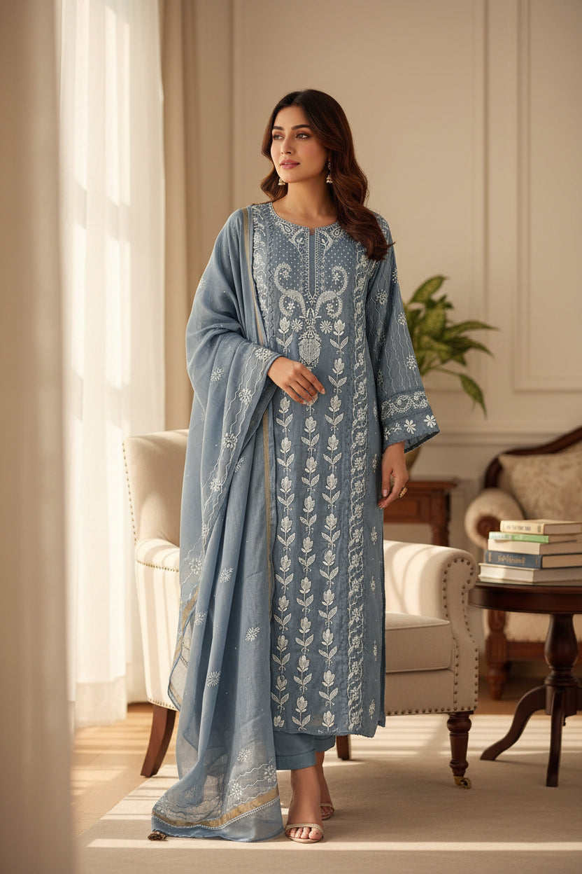 Blue Grey Tissue Chanderi Silk Suit with Chikankari and Embellishments