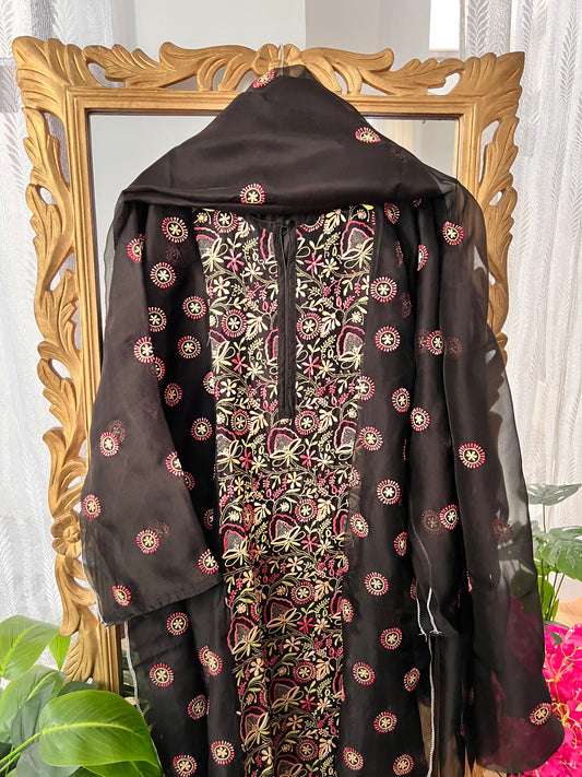 Black Pure Organza Suit with Multicolour Chikankari