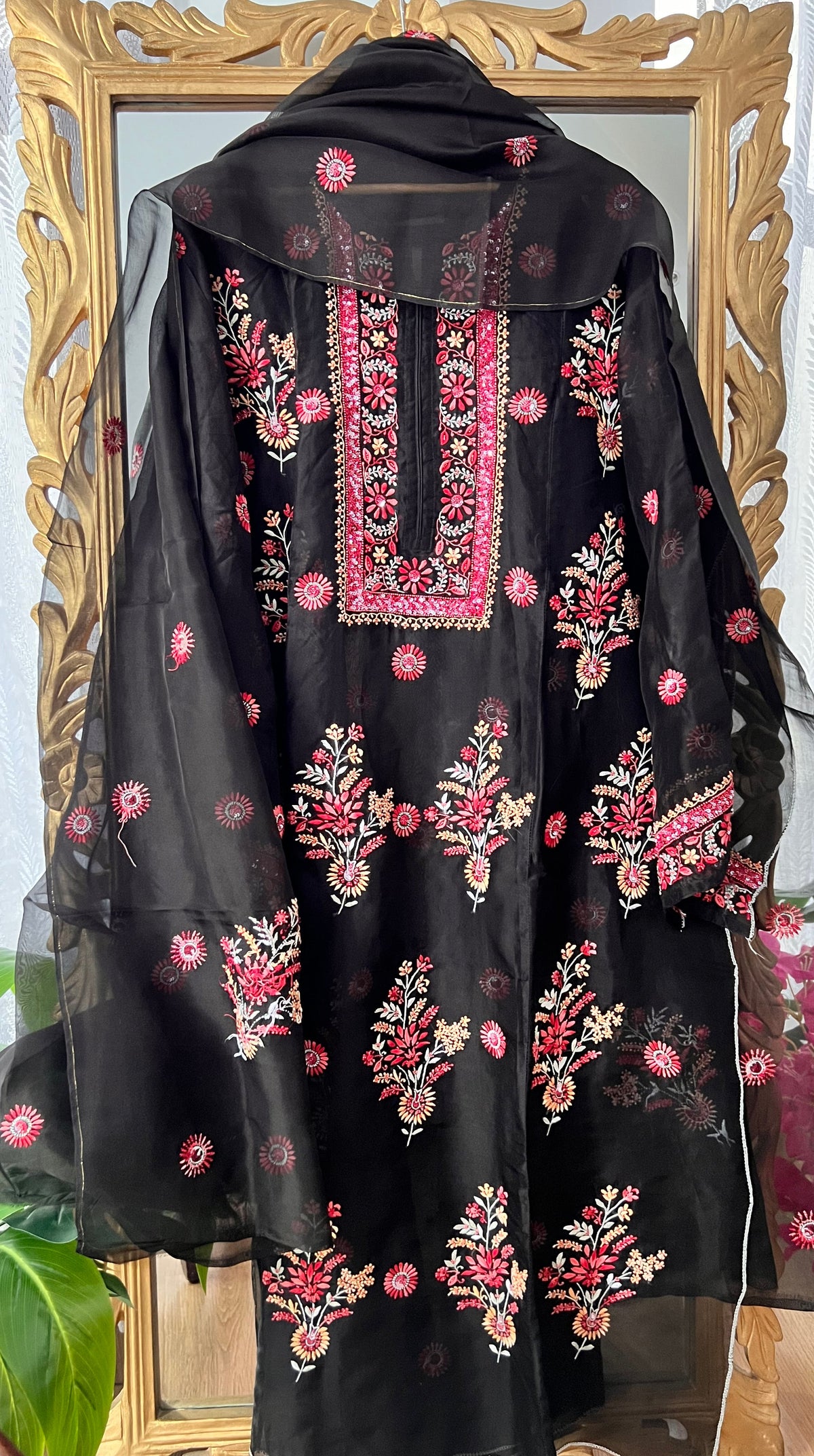 Black Pure Organza Silk Kurta Set with Multi Colour Chikankari and Embellishments